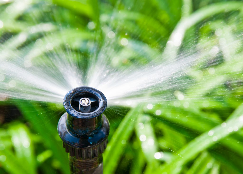 Garden irrigation system watering the lawn